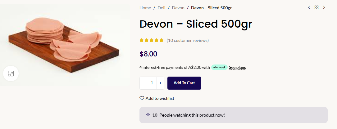 Devon Sliced 500g at $8.00 online