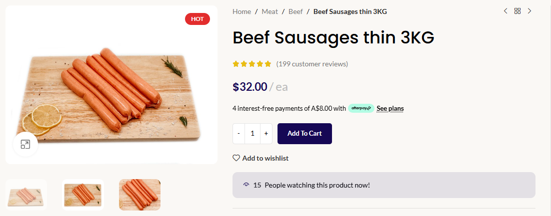 Beef Sausages thin 3kg at $32.00 online