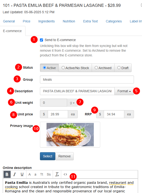 Atria Manager E-commerce tab - product editing