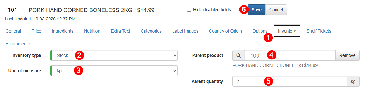 Atria Manager Inventory tab - child item linked to parent 100, parent quantity 2