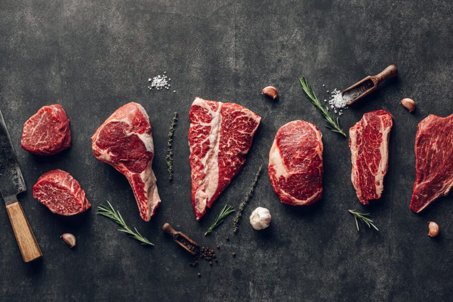 Cuts of raw meat priced by weight, ready to be sold online