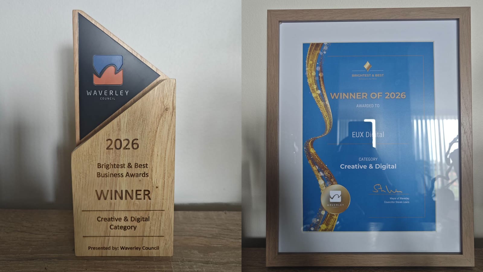 2026 Brightest & Best Business Awards Creative & Digital winner trophy and certificate presented to EUX Digital by Waverley Council