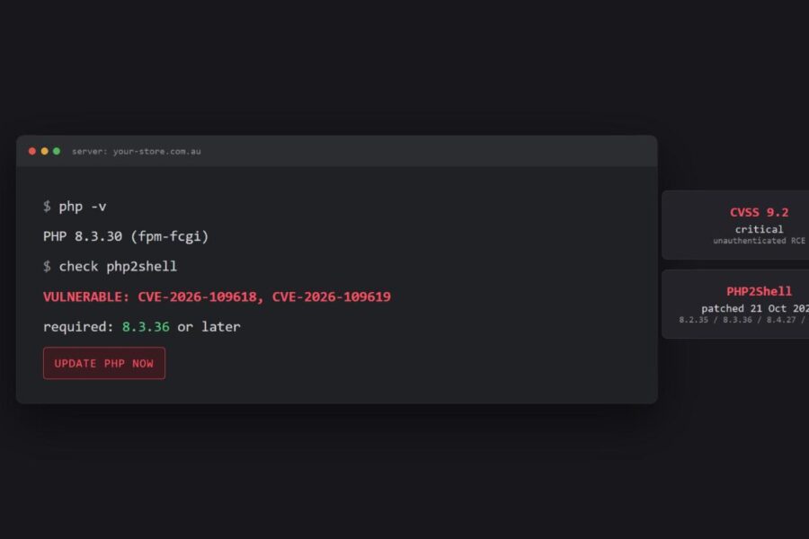 PHP2Shell critical PHP vulnerability: terminal showing a vulnerable PHP version and the patched releases