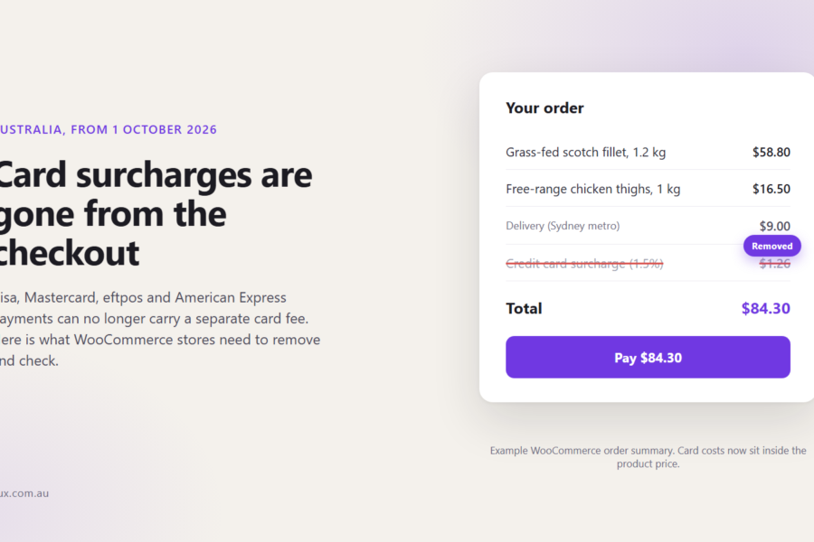 WooCommerce order summary with the credit card surcharge line removed after the Australian card surcharge ban of 1 October 2026