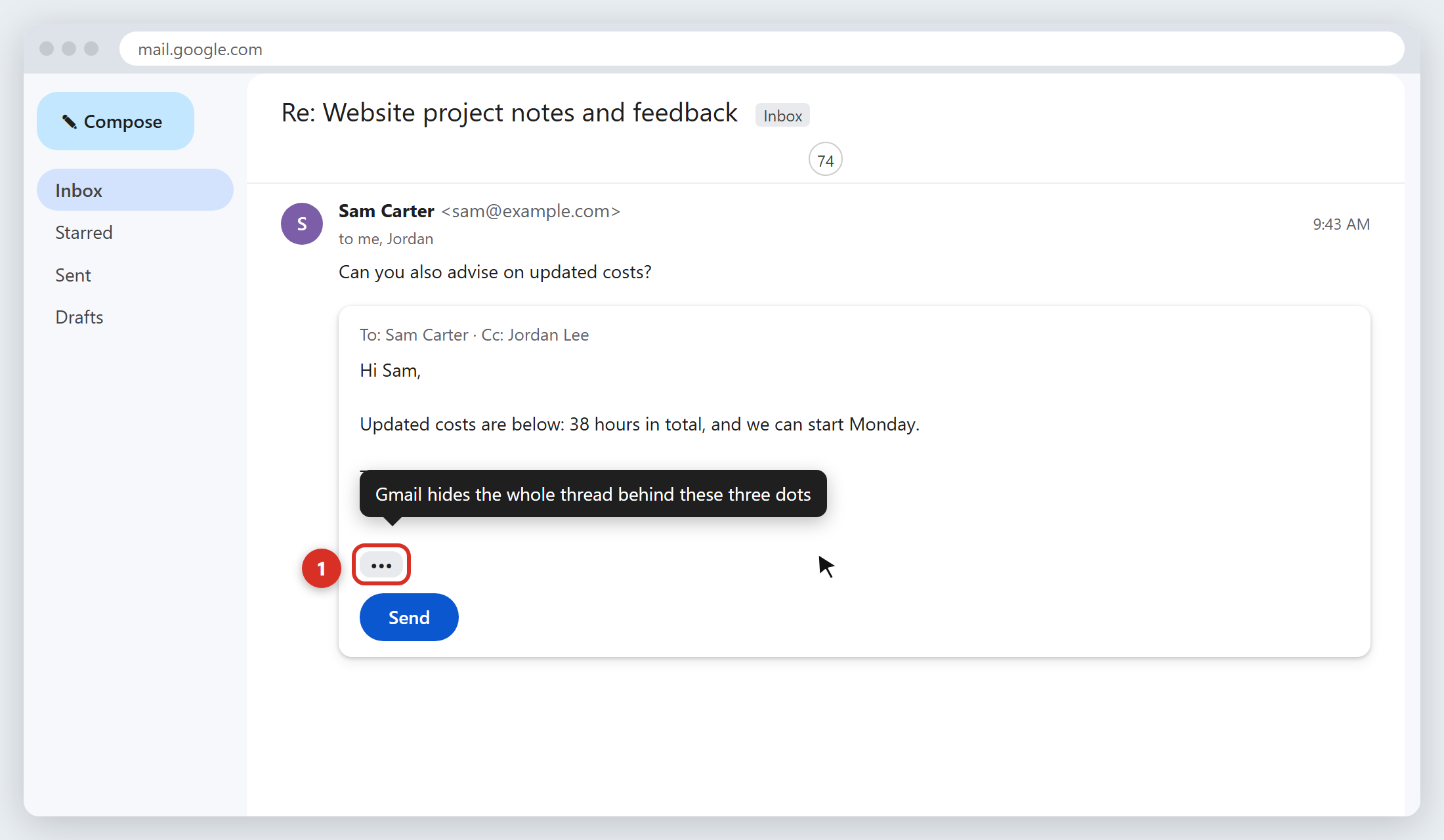 A Gmail reply box with the three-dot 'Show trimmed content' button highlighted at the bottom, where Gmail hides the quoted thread
