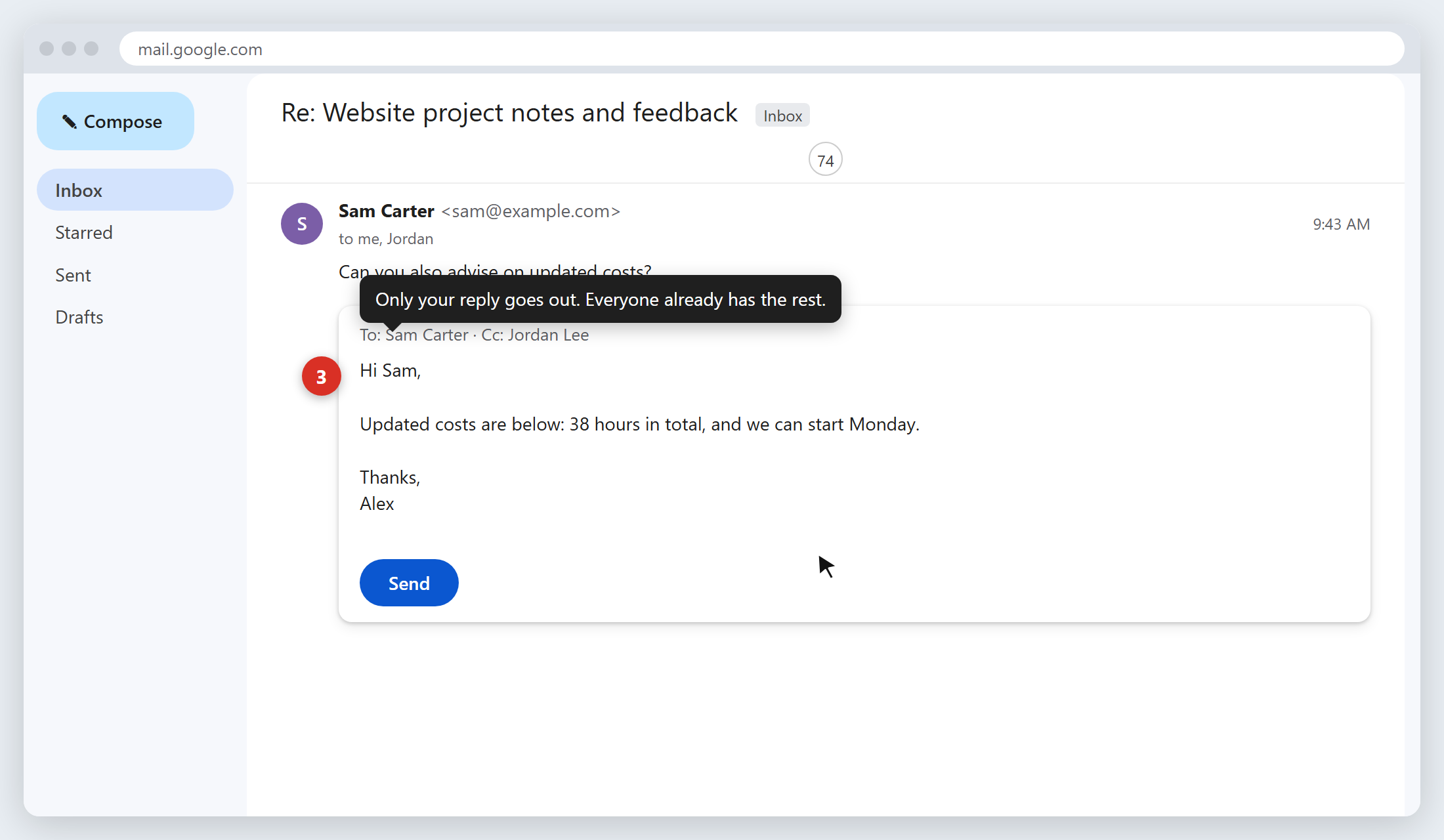 A Gmail reply containing only the new message, with no previous emails quoted underneath