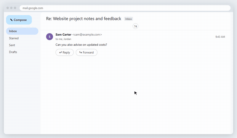 Animation showing how to remove quoted text from a Gmail reply: click Reply, click the three dots, select the quoted history, press Delete, send